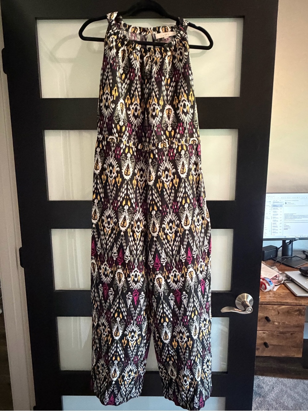 LOFT Patterned Halter Romper in Black, White & Mustard with Pink Accents